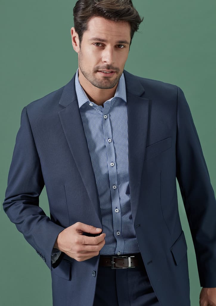 A navy blue men's suit jacket with a slim fit, featuring a single button and a logo on the lapel.