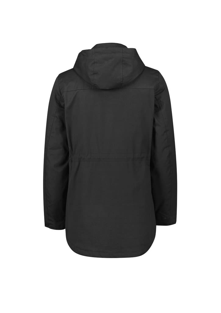 A black women's jacket featuring a hood and a loose fit, with a logo on the back.