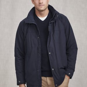 A navy men's comfort jacket with a hood, featuring a front zip and snap closure, and a logo on the chest.