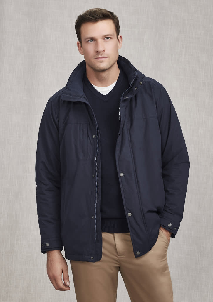 A navy men's comfort jacket with a hood, featuring a front zip and snap closure, and a logo on the chest.