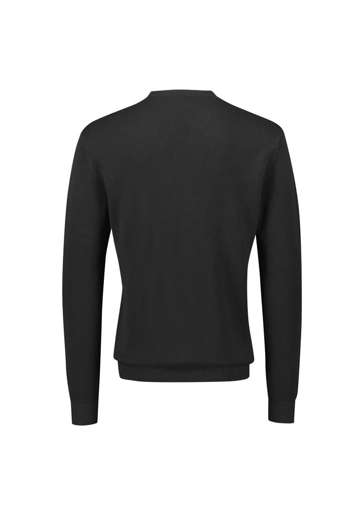 A black knitted jumper with long sleeves and a crew neck, featuring a smooth texture and a fitted silhouette.