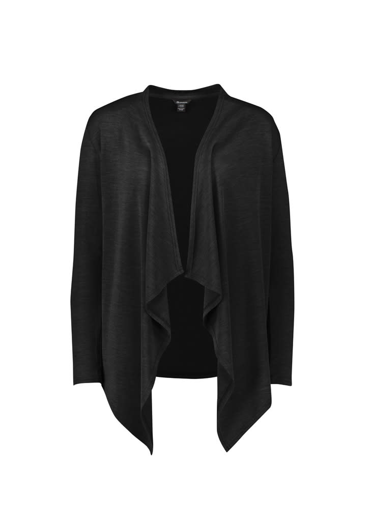 A black waterfall cardigan with an open front design and long sleeves, featuring a soft fabric texture.
