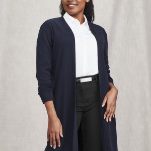 A navy longline cardigan with a clean, open front and long sleeves, paired with a white shirt and black pants.