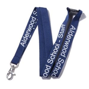 A navy blue lanyard with screen printing and a clip attachment, featuring a logo.