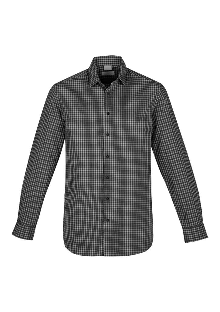 A long sleeve button-up shirt in a black and grey check pattern. The shirt features a logo on the chest.