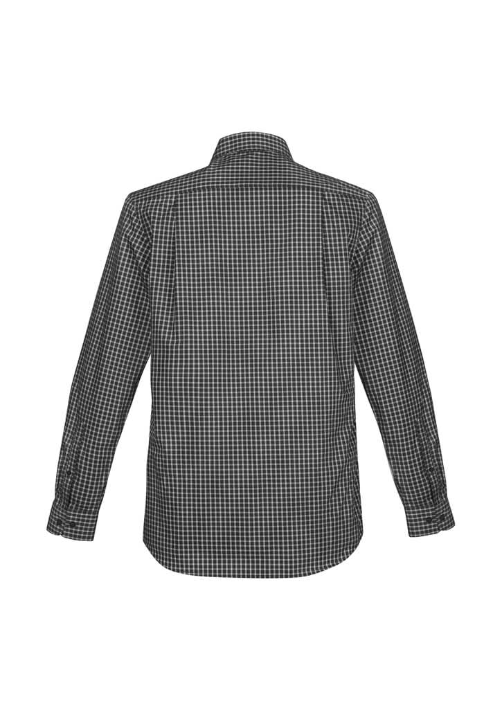 A black and white checkered long sleeve button-up shirt with a collar, featuring a logo on the back.