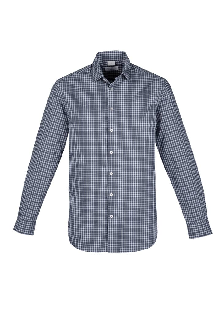 A long sleeve button-up shirt in navy and white check pattern, featuring a crisp collar and a logo on the chest.