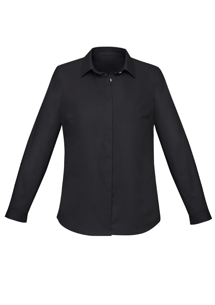 A black women's button-up shirt featuring long sleeves and a classic collar, with a logo on it.