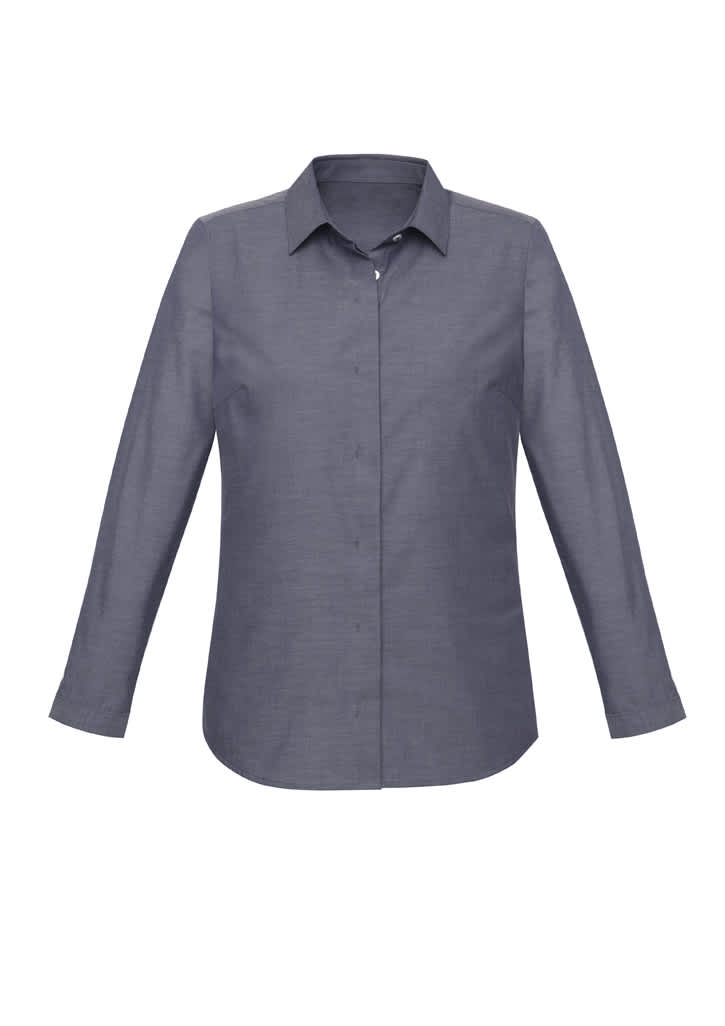 A long sleeve, button-up shirt in a dark grey colour with a classic collar and a subtle texture.