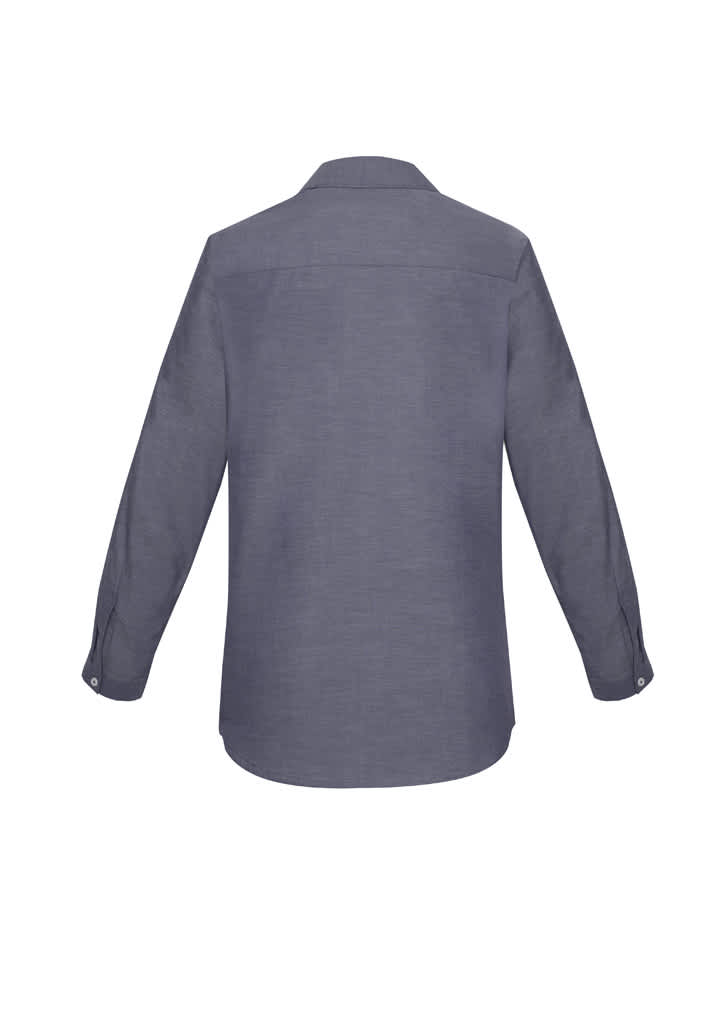 A grey women's button-up long sleeve shirt with a standard collar and buttoned cuffs, featuring a simple design.