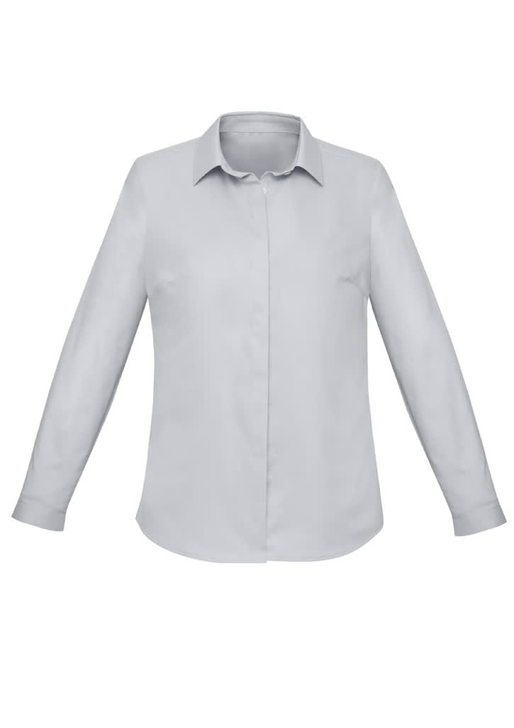 A light grey button-up long sleeve shirt for women with a collar and a logo.