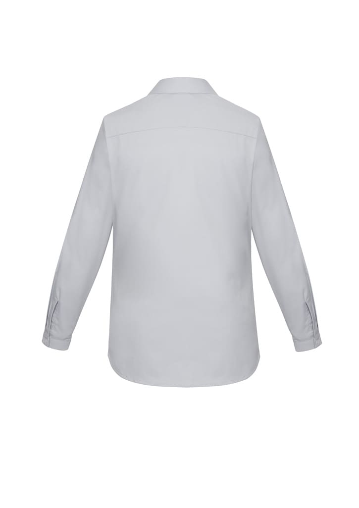 A women's long sleeve button-up shirt in light grey, featuring a classic collar and button cuffs, with a branded logo.