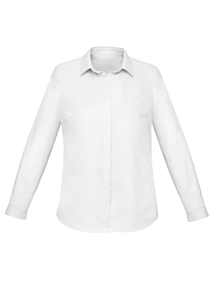 A white long sleeve button-up shirt for women, featuring a classic collar and cuffs, with a simple design.