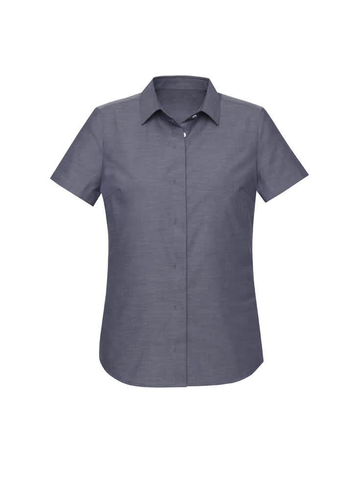 A women's short sleeve button-up shirt in a dark grey colour, featuring a classic collar and a logo.