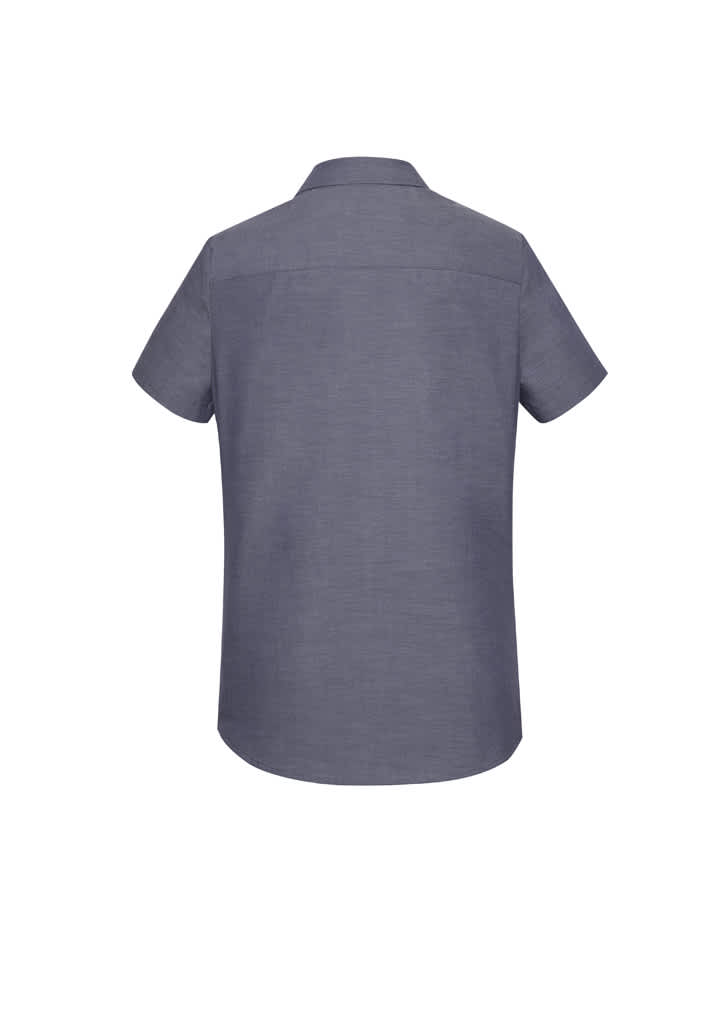 A short sleeve women's button-up shirt in a textured grey fabric, featuring a collar and a back yoke.