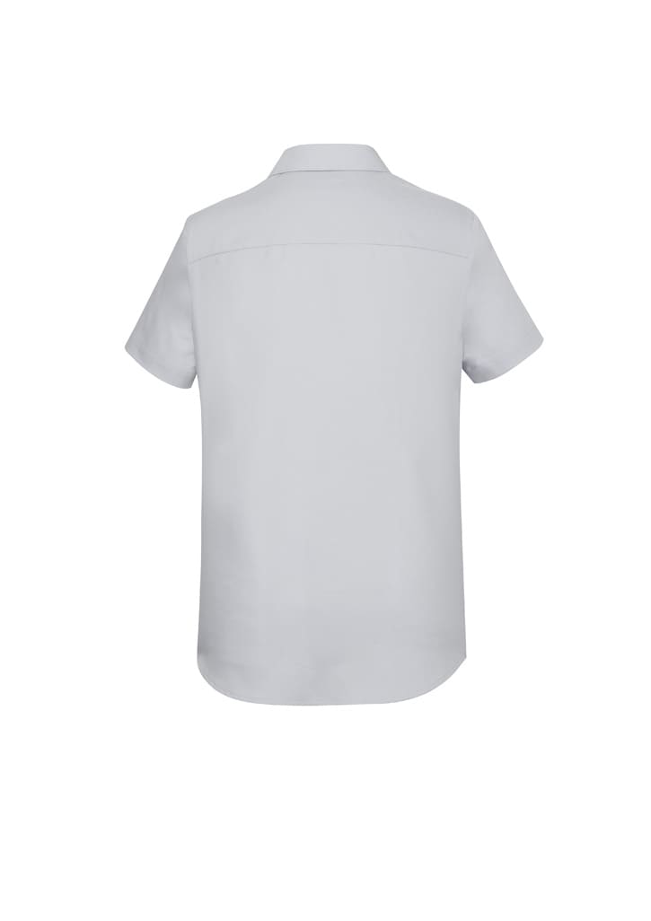 A short sleeve, light grey button-up shirt with a back yoke and a logo.