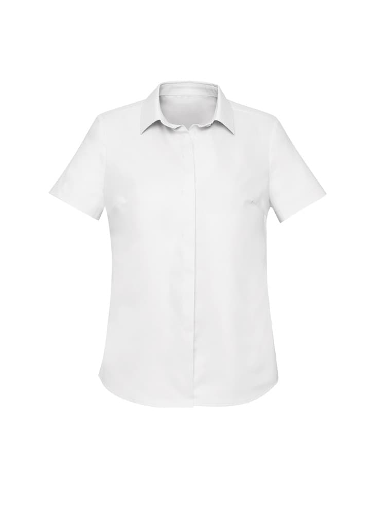 A short sleeve, button-up shirt in white with a collar. Features a logo on the side.