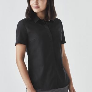A black short sleeve button-up shirt for women, featuring a collar and smooth fabric. Includes a logo.