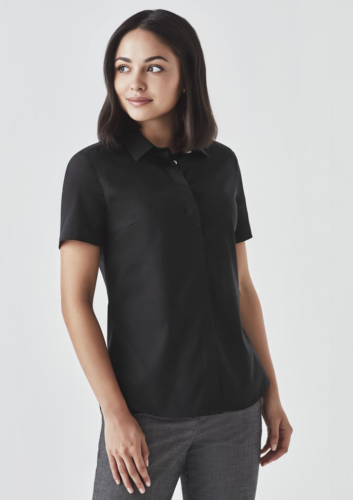 A black short sleeve button-up shirt for women, featuring a collar and smooth fabric. Includes a logo.