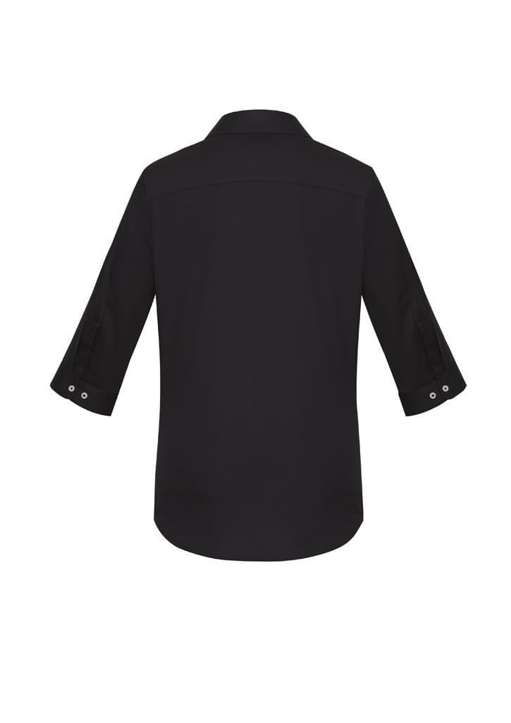 A black 3/4 sleeve button-up women's shirt with a collar and rolled sleeves. Features a logo on the back.