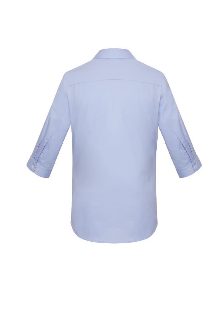 Light blue women's button-up shirt with 3/4 sleeves, featuring a simple design and a back yoke.