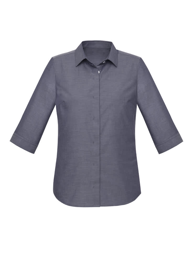 A button-up women's shirt in dark grey, featuring 3/4 sleeves and a collared neckline. It has a brand logo.