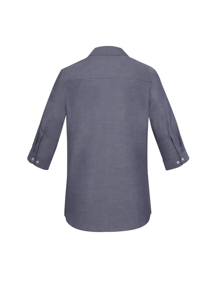 A back view of a women's grey 3/4 sleeve button-up shirt featuring a collar and roll-tab sleeves.