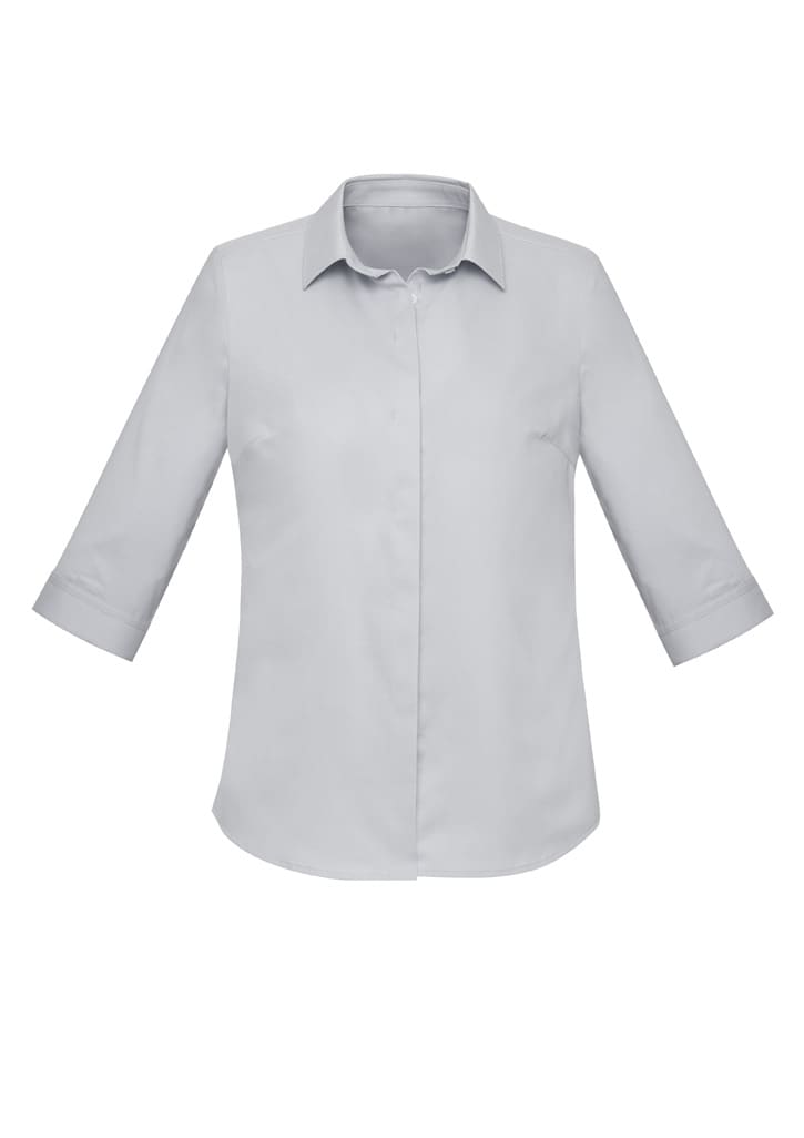 A light grey women's button-up shirt with 3/4 sleeves and a collar. It features a logo on the chest.
