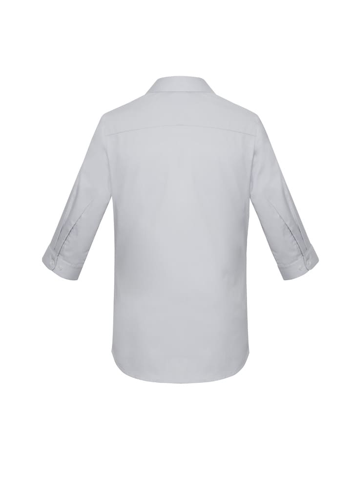 A light grey women’s button-up shirt with 3/4 sleeves and a collar. Features a logo on the design.