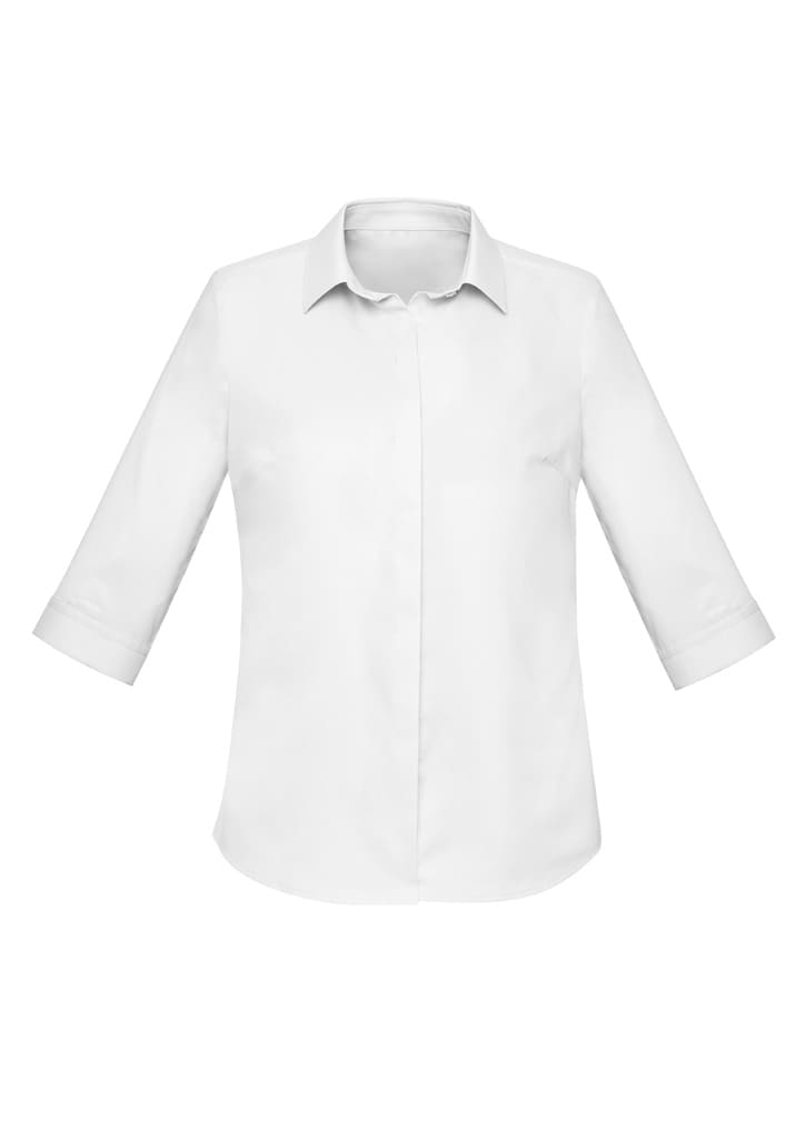 A white women's button-up shirt featuring 3/4 sleeves and a collar, with a logo on the front.