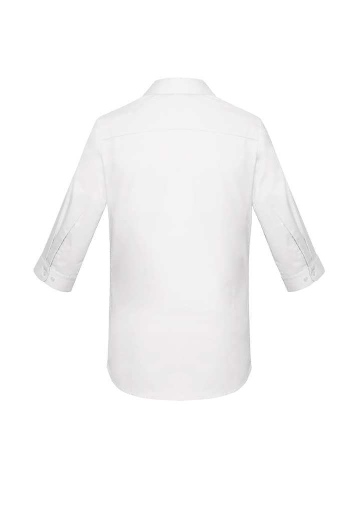 A white women's Charlie 3/4 sleeve button-up shirt featuring a back view with rolled sleeves.