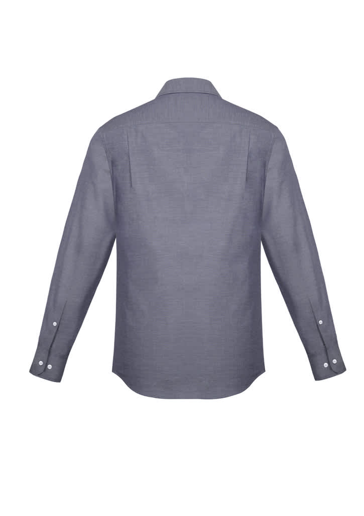 A grey, long-sleeve button-up shirt with a classic fit, featuring a back yoke and buttoned cuffs.