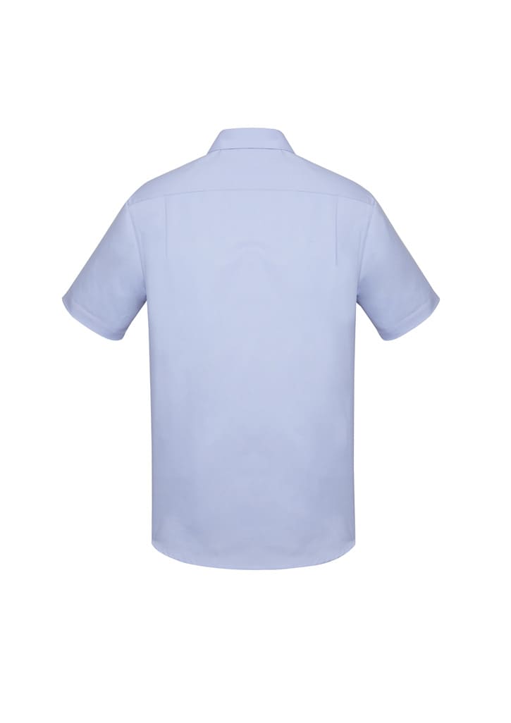 A light blue men's short sleeve button-up shirt with a classic fit, featuring a collar and a branded logo.