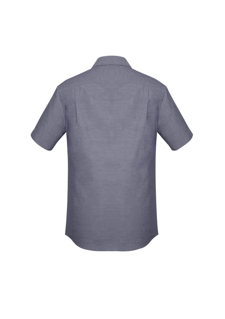 A short sleeve button-up shirt in a classic fit, displayed in a grey colour, featuring a logo on the back.