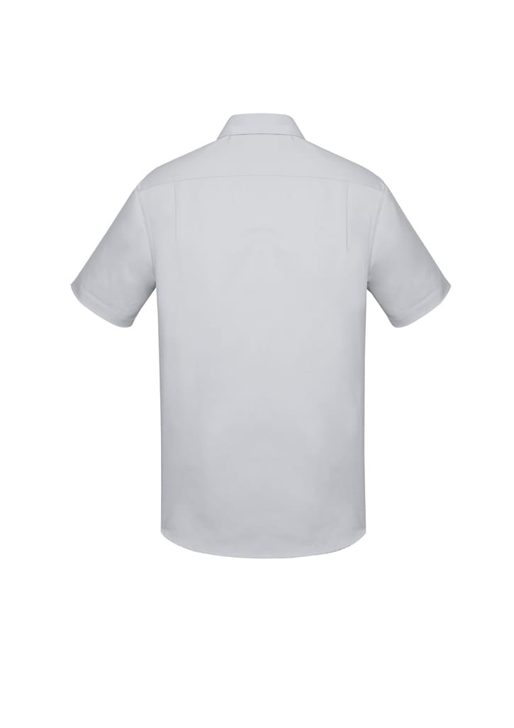 A classic-fit short sleeve shirt in light grey, featuring a collar and back yoke detailing. It has a brand logo on it.