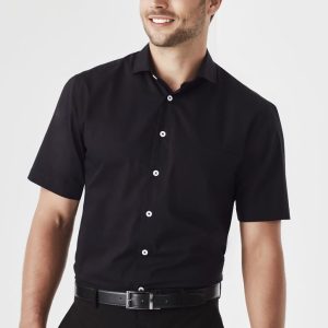 A black short sleeve button-up shirt with a classic fit, featuring a front pocket and a logo.