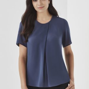 A short-sleeve, navy women's T-top with a rounded neckline and a subtle front pleat, featuring a branding logo.
