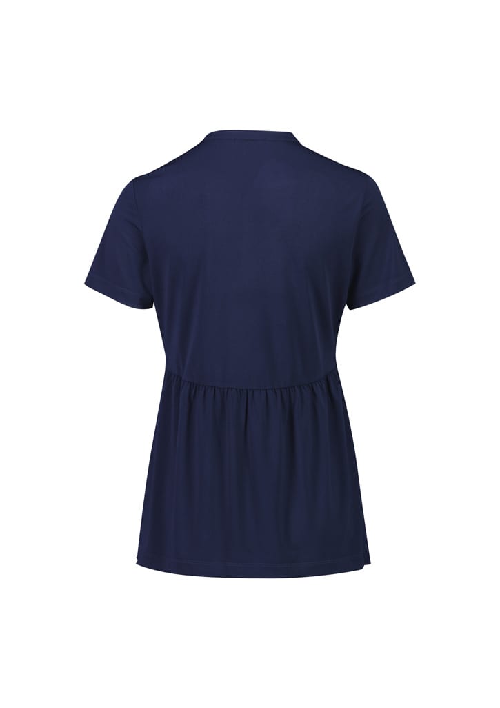A navy blue women's tunic with a relaxed fit and short sleeves, featuring a gathered waist.