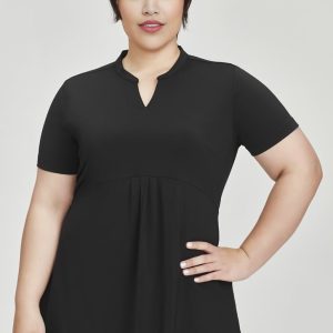 A black women's tunic top with a v-neck and short sleeves, featuring a gathered waist detail. It has a logo on the side.