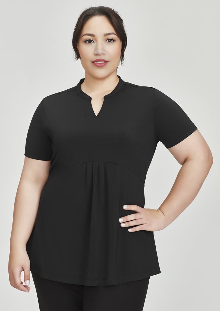 A black women's tunic top with a v-neck and short sleeves, featuring a gathered waist detail. It has a logo on the side.