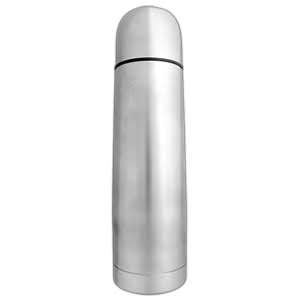 A drink bottle in silver with a sleek design and a rounded top, featuring a logo.