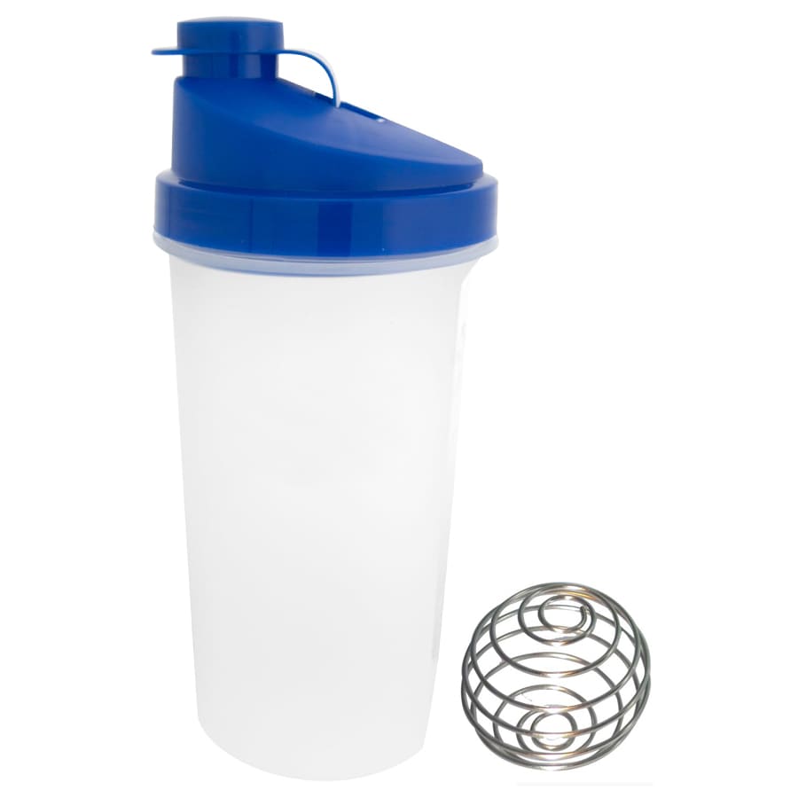 A drink bottle with a blue lid and transparent body, accompanied by a stainless steel mixing ball.