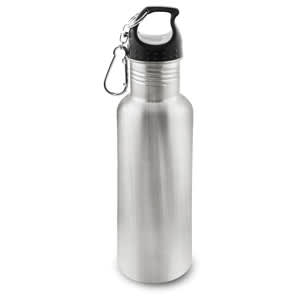 A drink bottle featuring a stainless steel finish with a black screw-on lid and a carabiner attachment.