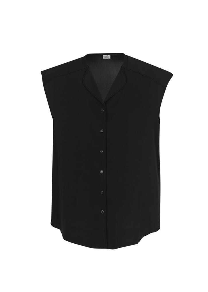 A black sleeveless blouse with a button-up front and a rounded hem. It features a classic collar and has a logo.
