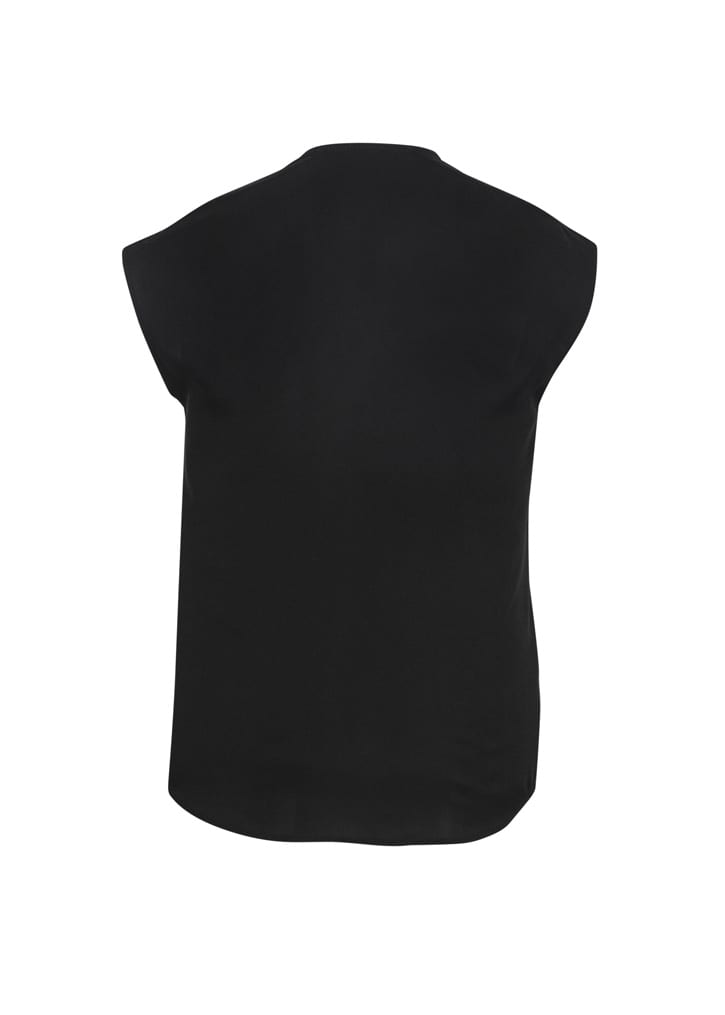 A black women's blouse with short sleeves and a rounded hem, showcasing a simple design and no visible branding.