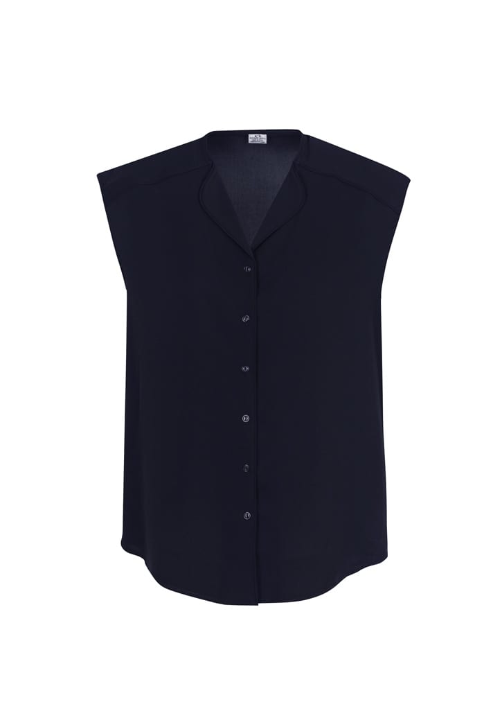 A black women's blouse with a collared neckline and button-up front, featuring cap sleeves and a relaxed fit.