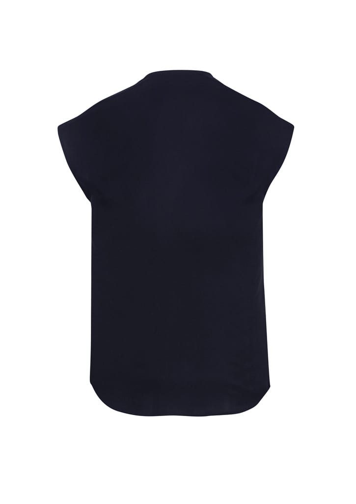 A women's blouse in navy blue, featuring a simple design with short cap sleeves and a rounded hem.