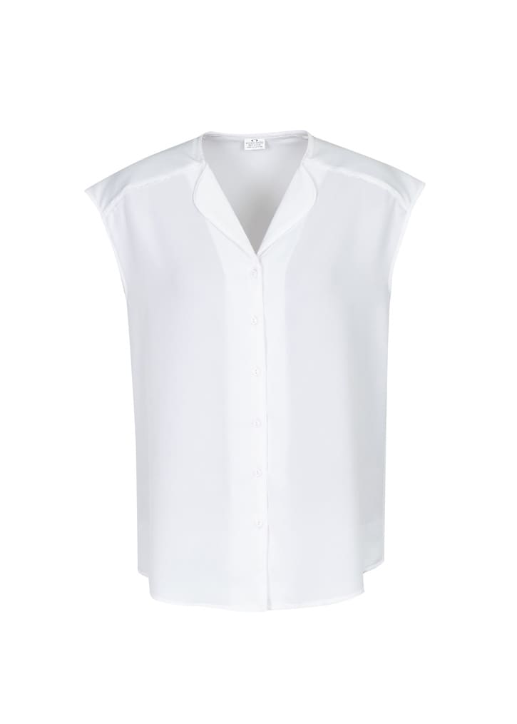 A white blouse with a collared neckline and short sleeves, featuring a button-down front and a relaxed fit.