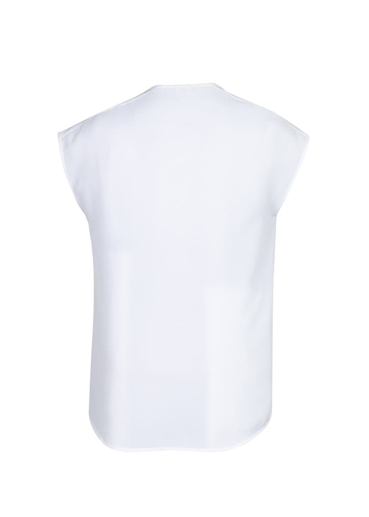 A white women's blouse with cap sleeves and a simple back design. Contains branding.