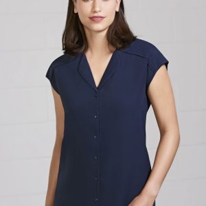 A navy blue women's blouse with short sleeves and a button-up front, featuring a collar and a relaxed fit.